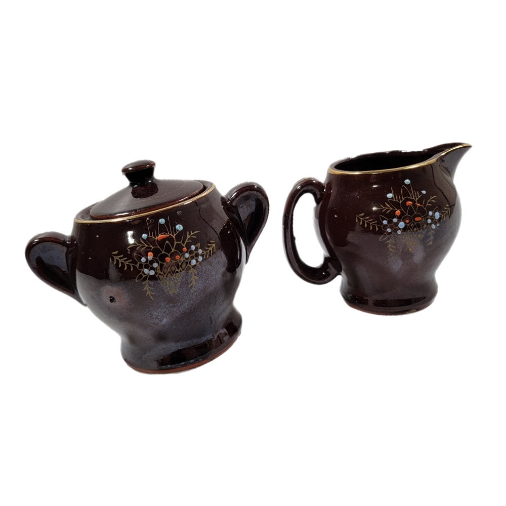 Vintage Japan Redware Cream And Sugar  Brown